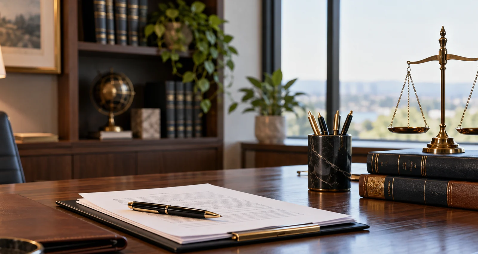 Professional law office desk with legal documents and justice decor, illustrating the editorial resource