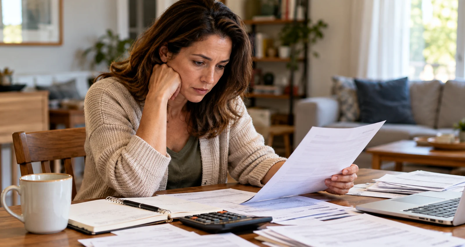 Person reviewing bills, divorce papers, and a calculator while exploring affordable divorce options
