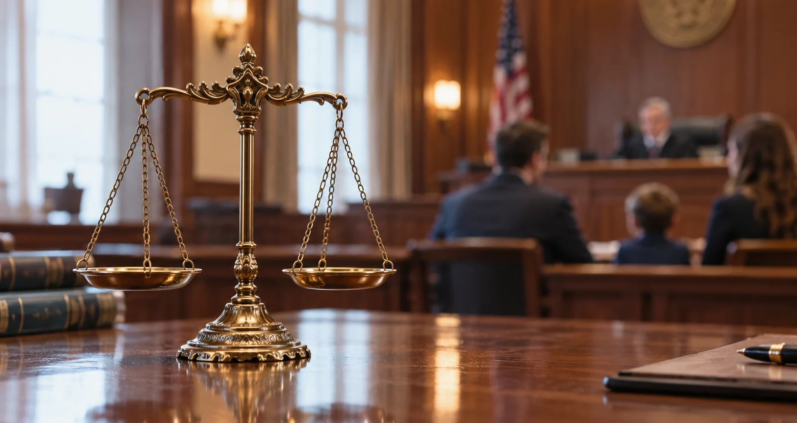 Scales of justice in a courtroom, illustrating Oklahoma divorce grounds and court procedure
