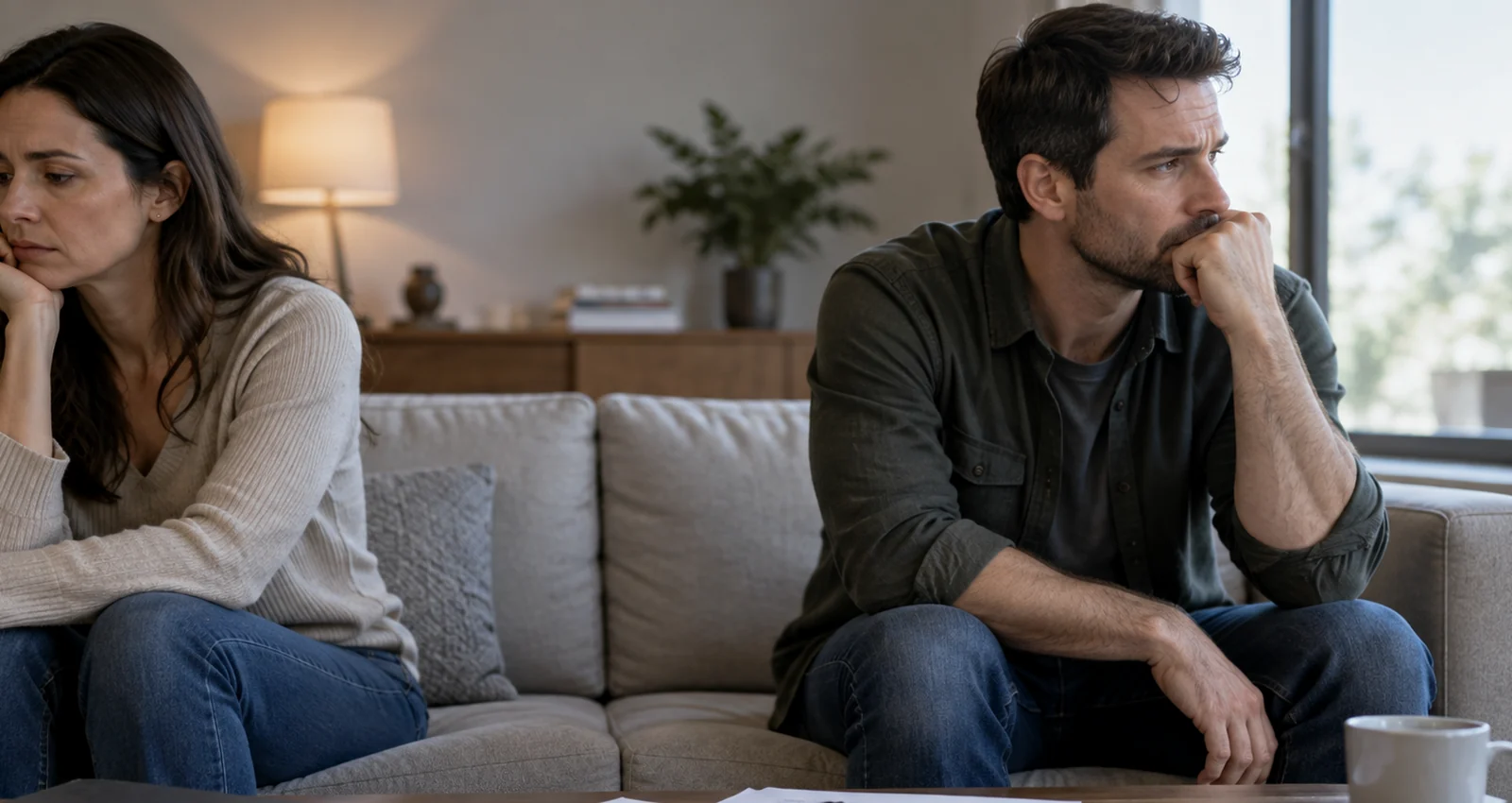 Couple sitting apart with divorce paperwork, illustrating common divorce mistakes and strained communication