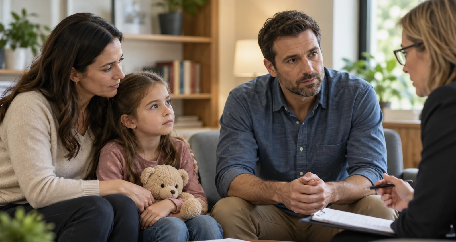 Parents and child meeting with a professional to discuss child custody concerns