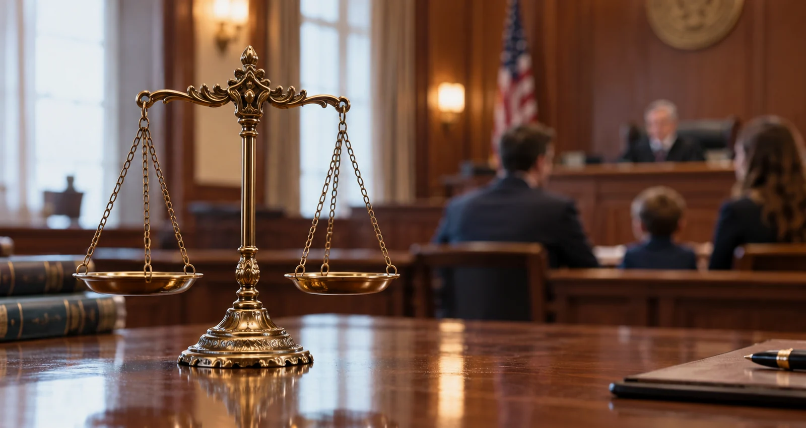 Scales of justice in a courtroom, illustrating legal waiting periods after divorce