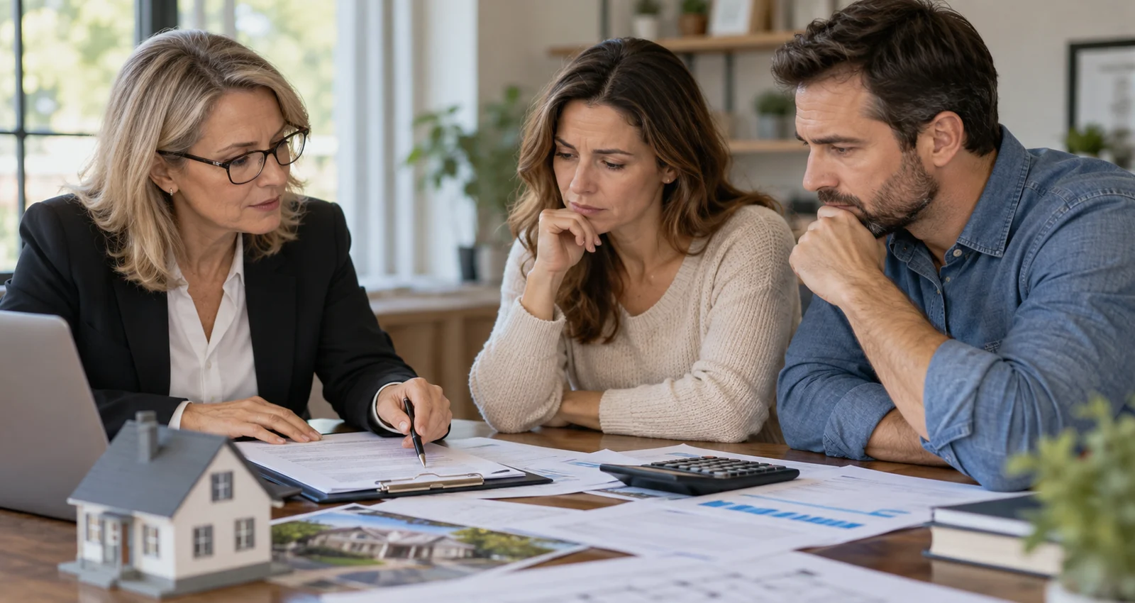 Couple reviewing property and financial documents with a professional advisor