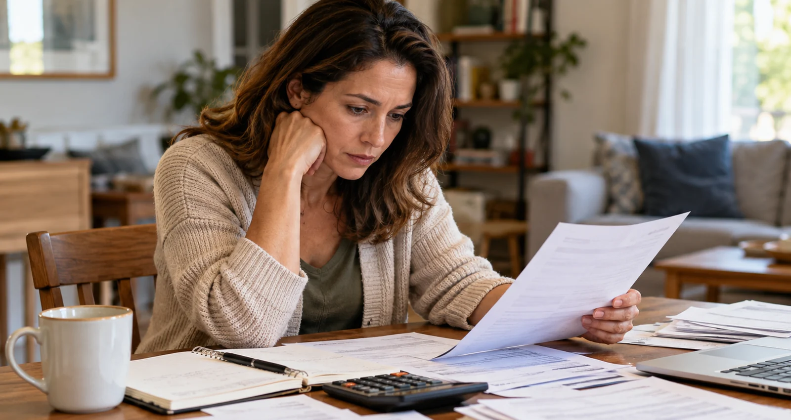 Woman reviewing bills and paperwork while planning how to leave a spouse with limited money