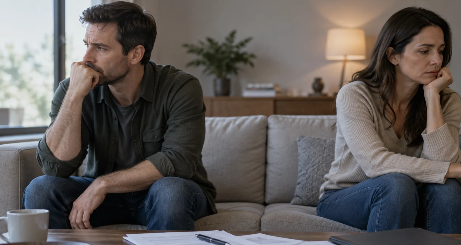 Emotionally distant couple with paperwork, illustrating separation and abandonment issues