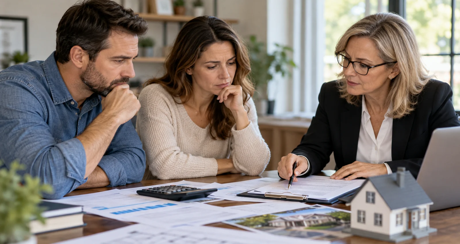 Couple and advisor reviewing financial papers and a model house, illustrating protected assets