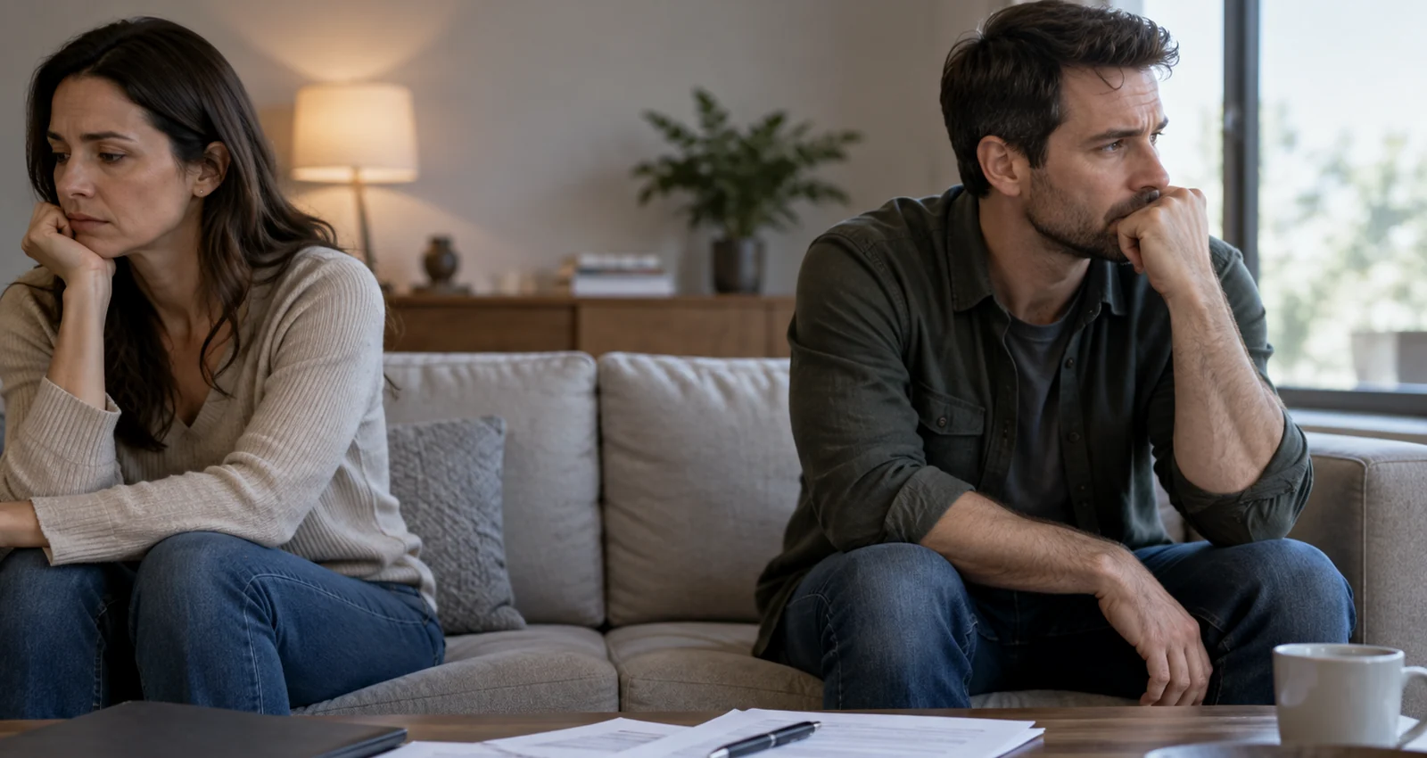 Couple sitting in silence and apart, illustrating emotional distance in marriage
