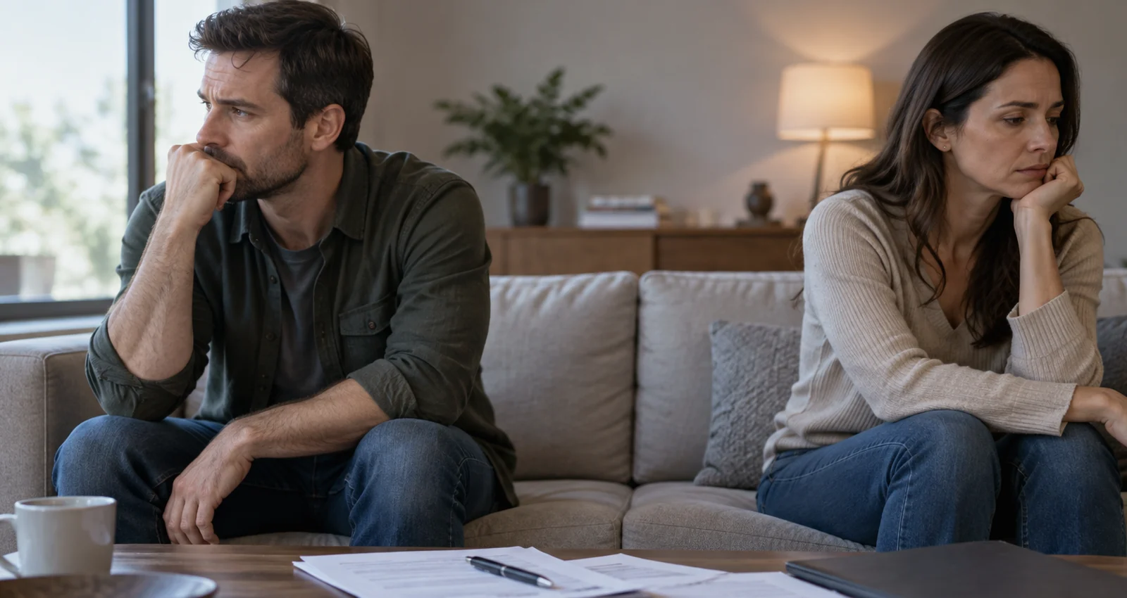 Separated couple with paperwork, illustrating mistakes to avoid during separation