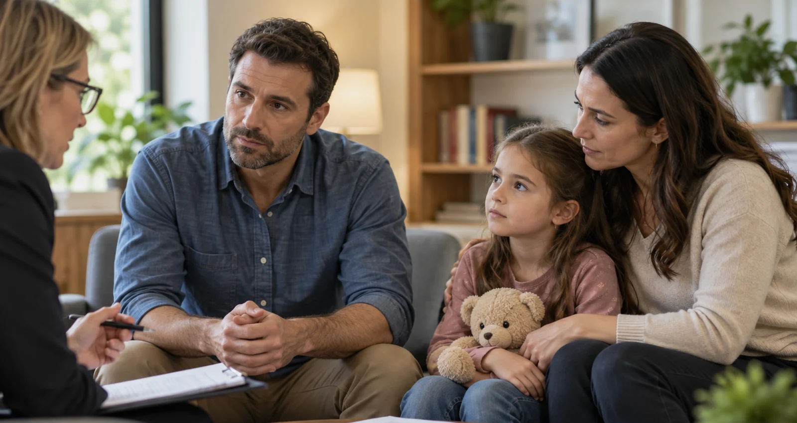 Parents and child meeting with a professional about child custody during divorce