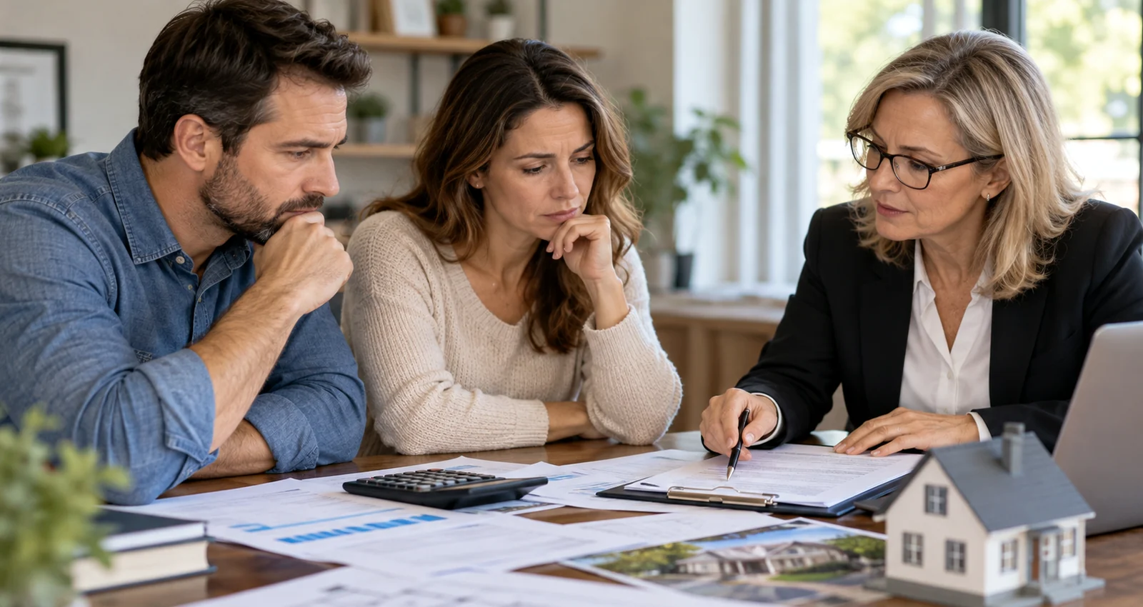 Couple discussing property division, assets, and a home with an advisor