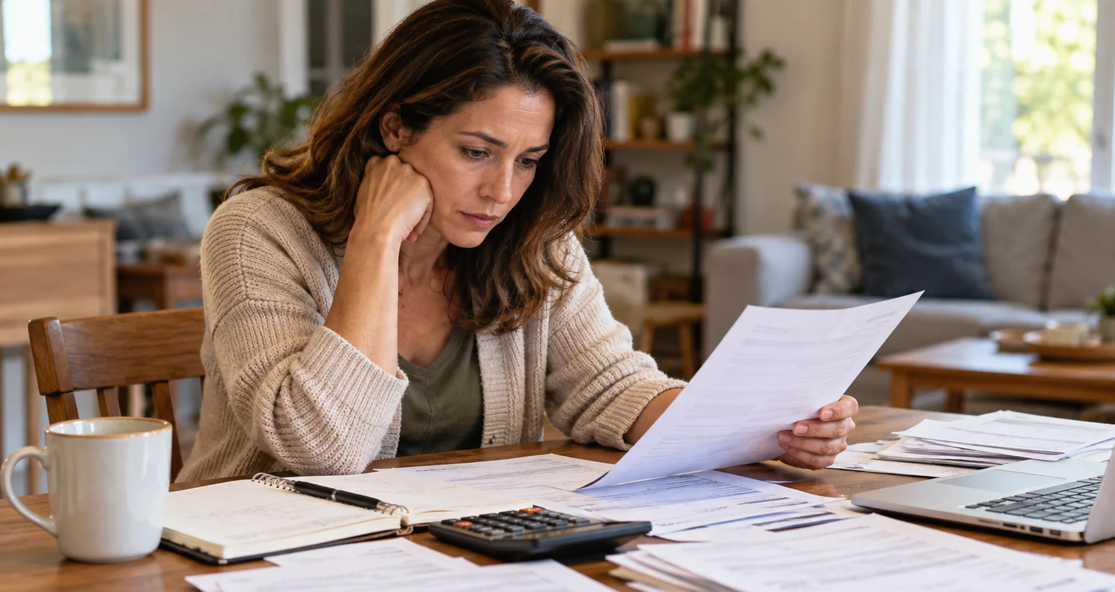 Person reviewing divorce costs, bills, and a calculator at a table