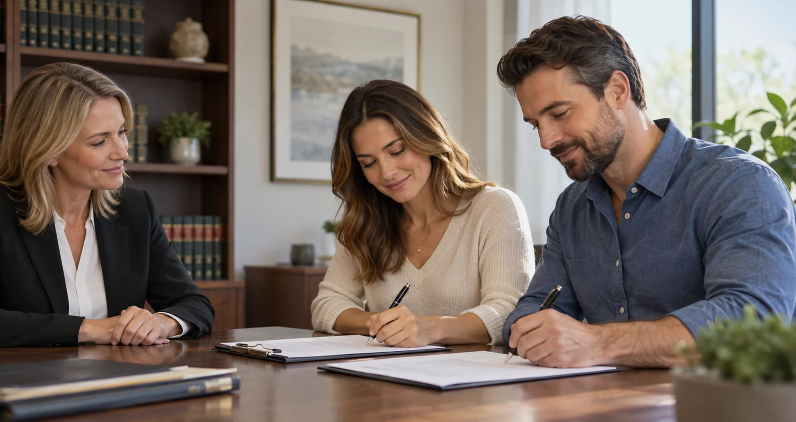 Amicable couple signing divorce paperwork with professional guidance